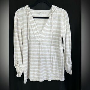 🤍🧶 Ann Taylor LOFT Cream & Tan Striped Pullover Hoodie | Size Medium